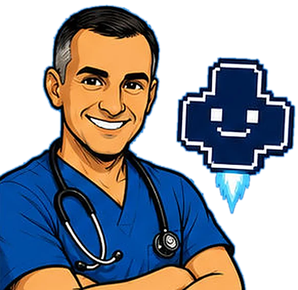 Raj Alluri, MD, arms crossed in blue scrubs beside the Excelsior assistant, comic-style